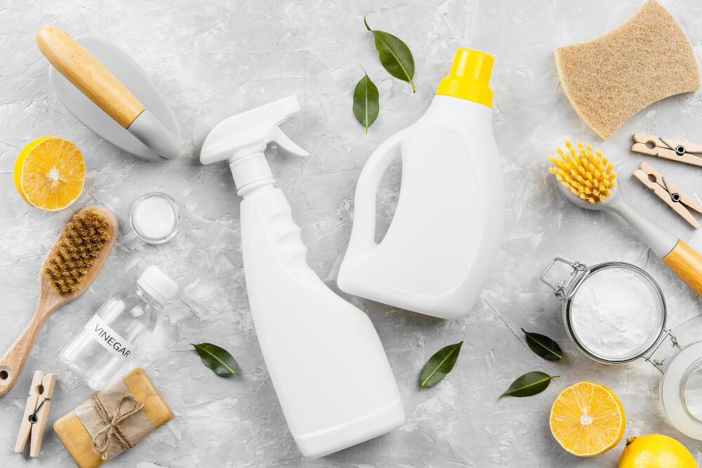 various cleaning supplies laid out on a white surface